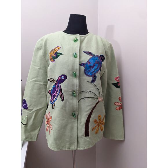Vintage Daniel K 100% Cotton Light Green Jacket with Fish Sea Embroidery Size L - Picture 1 of 7